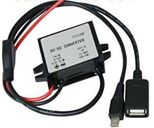 Image of 12V DC to 5V DC PSU adaptor to USB A socket and microUSB plug suitable for Raspberry Pi etc.