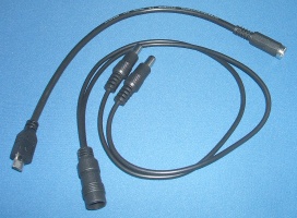 Image of DC Power Splitter cable/lead 2.1mm socket to 2x 2.1mm (Type M) jack with 2x 2.1mm to microUSB adaptor cables/leads