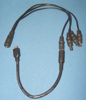 Image of DC Power Splitter cable/lead 2.1mm socket to 4x 2.1mm (Type M) jack with 4x 2.1mm to microUSB adaptor cables/leads