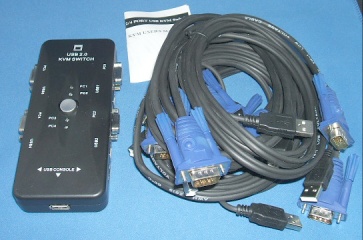 Image of 4 way VGA & USB KVM (for monitor & 3 USB devices) switch box, cables/leads included